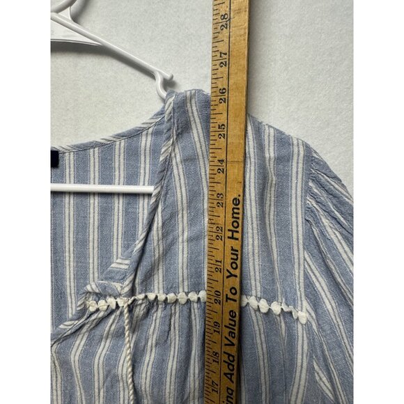 Angels New York Womens 2X Blue & White Striped Boho Blouse Pom Pom Tassel Ties - Picture 6 of 9